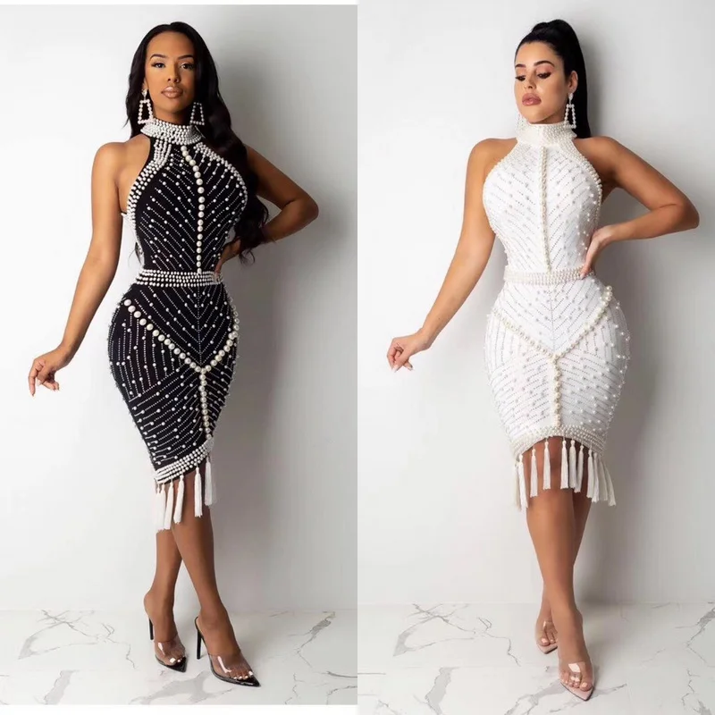 

2021 New Bandage Open Back Tassel Pearls High Neck Tight Knee Length Sexy Celebrity Party Dress Vestidos Bandage Dress W-7
