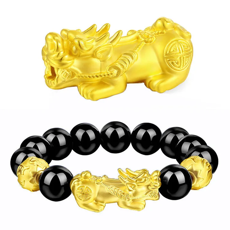 

Feng Shui Obsidian Stone Beads Bracelet Men Women Unisex Wristband Gold Black Pixiu Wealth and Good Luck Women Bracelet