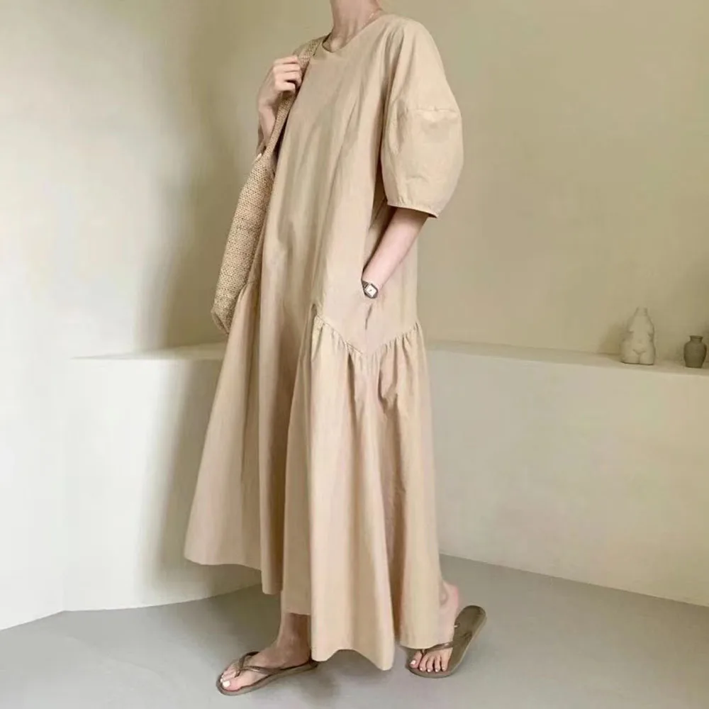

2021 Summer New Style Korean Fashion Simple Round Neck Lantern Sleeve Loose Solid Color Women's Dress Temperament Thin