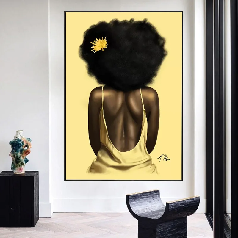 

African Girl Canvas Print Painting Wall Art Yellow White Skirt Flower Posters and Prints Picture for Living Room Home Decor