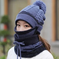 winter womens knit hat new youth winter thick plus cashmere warm masks hat scarf autumn wool ball cover ear collar three set