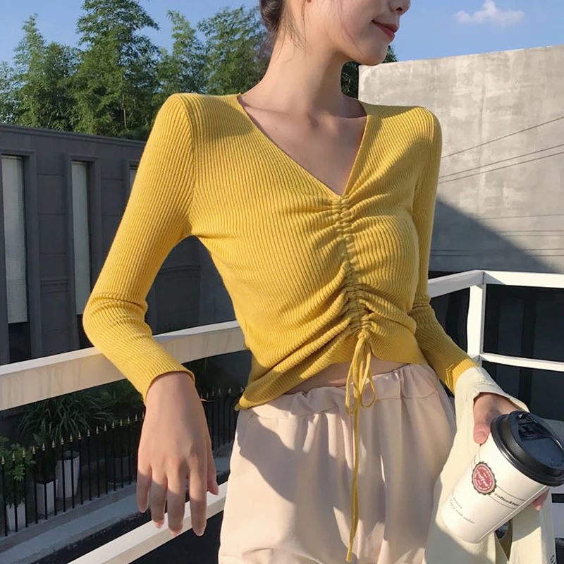 

2021 Chic pink V-neck knit slim jumper pull femme Sexy lace up knitting pullover top Fashion autumn winter sweater women