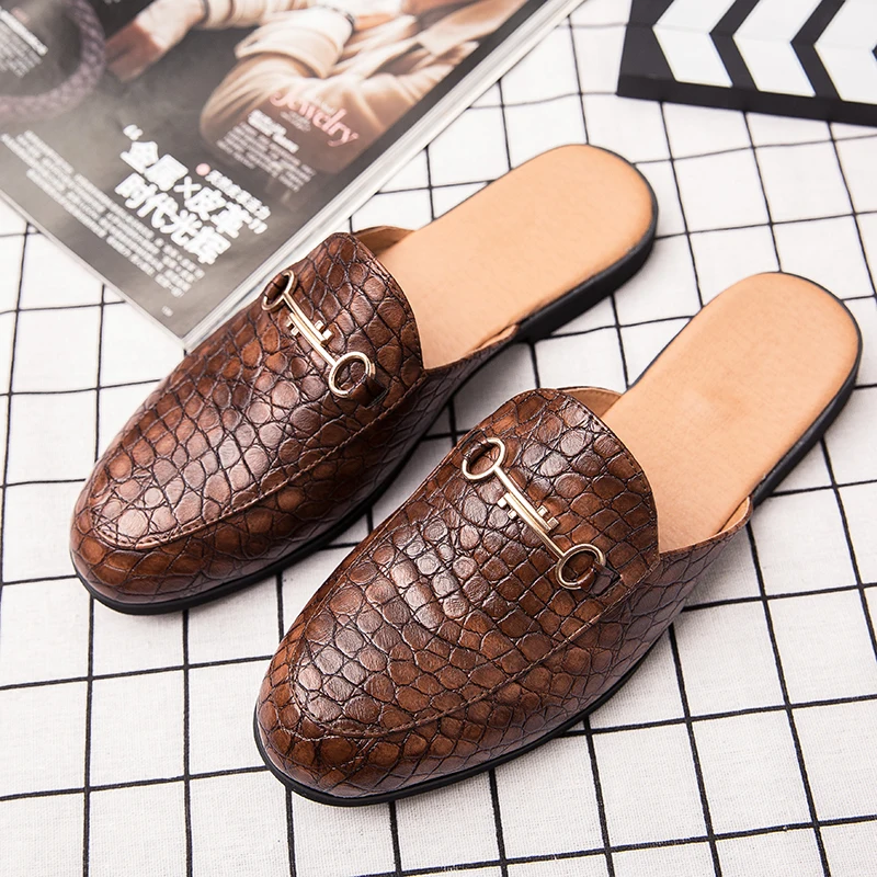 

Men's Summer Fashion PU Leather Casual Mules Male Breathable Comfy Half Loafer Slippers Masculio Low-heels Half Leisure Sandals