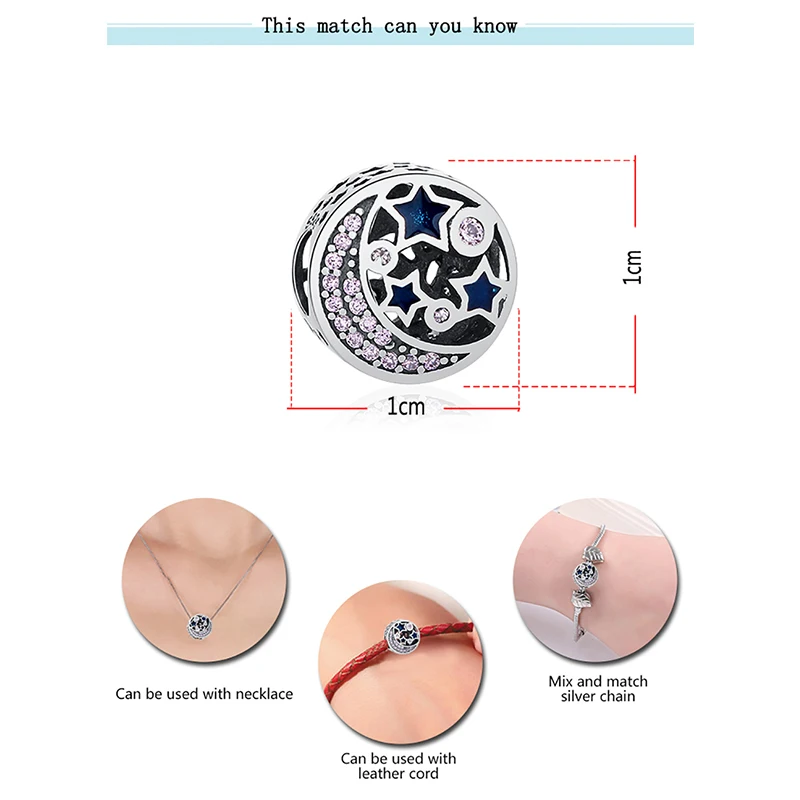 ELESHE 925 Sterling Silvrer Pink Clear CZ Moon Night Sky Star Charm Fit Original Charm Bracelets Necklaces DIY Jewelry Making