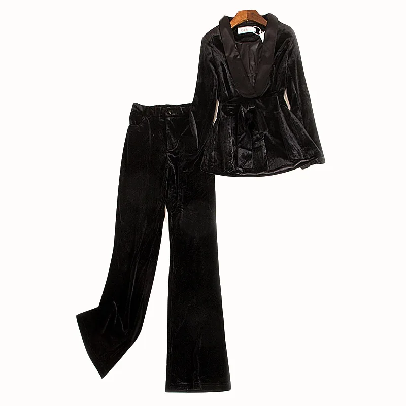 

Top Grade New Fashion Work Pant Suit Women Notched Collar Velvet Blazer Jacket Suit+Full Length Velour Pant Set Female Suit