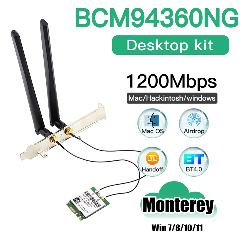 BCM94360NG Wireless Adapter M.2 Desktop Kit Dual band 2.4G/5G 802.11AC Bluetooth-compatible 4.0 Hackintosh MacOS NGFF Wifi Card