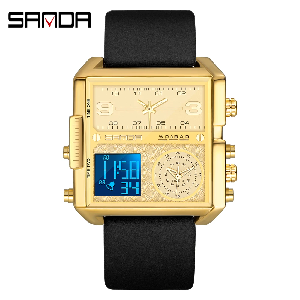 

SANDA men's sports watch top brand 3 time zone fashion military quartz watch LED waterproof male clock relogio masculino