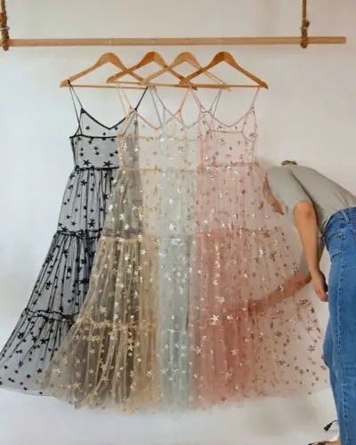 

Goocheer Lace Mesh Spaghetti Straps See Through Cover Sexy See Through Baggy Ladies Stars Beach Bling Bling Long Dress