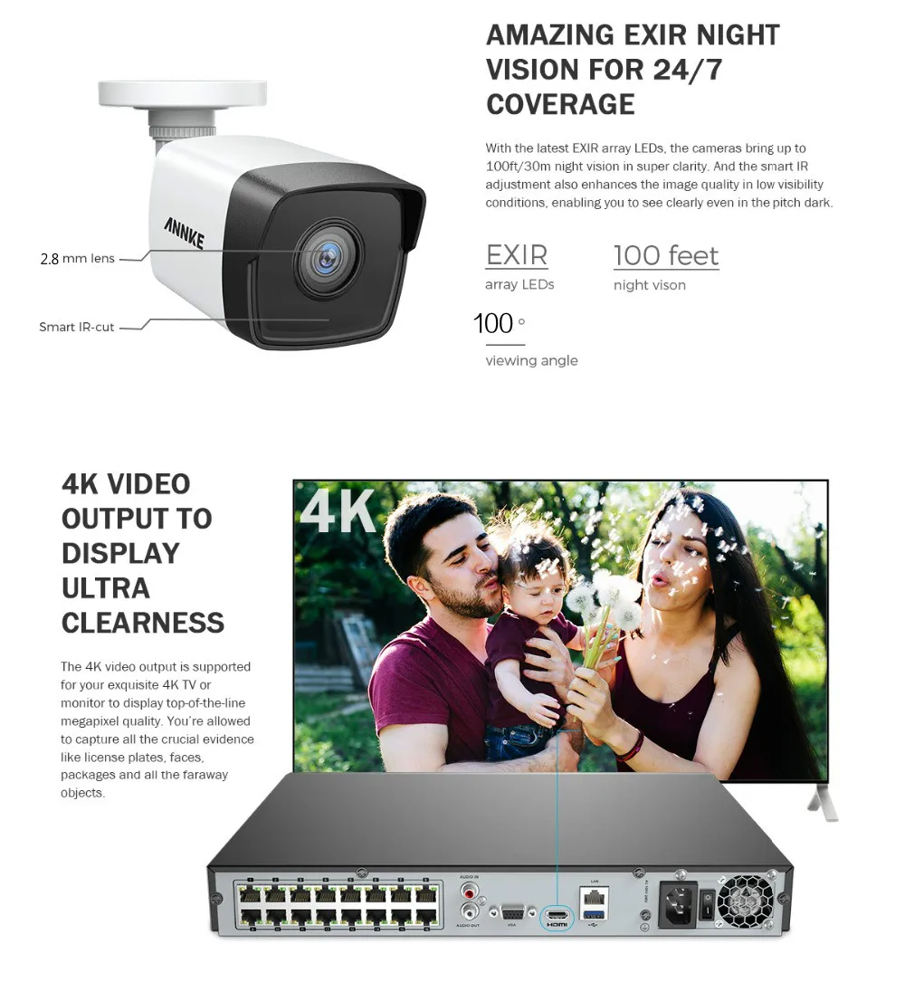 ANNKE 8CH HD 5MP POE сетевая видео система безопасности 8MP H.265 NVR с 4 шт 5MP 30m EXIR ночного видения Всепогодная wifi IP камера