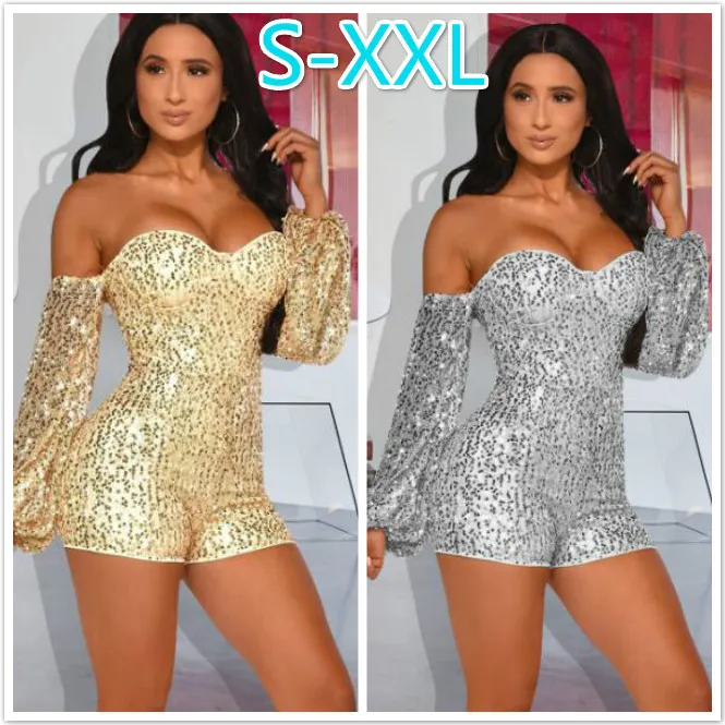 Autumn Sexy Women Jumpsuit One Shoulder Sequins Glitter Sparkle Bodycon Backless Romper Off Shoulder Long Sleeve Club