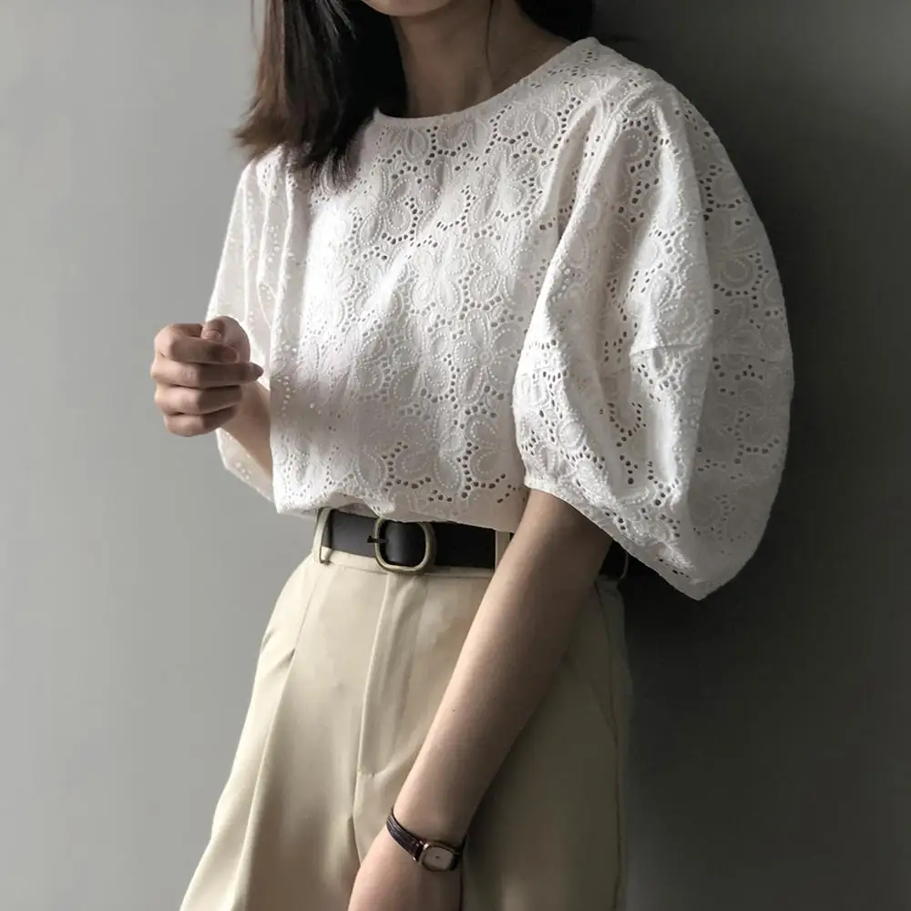 

Lolita sweet Embroidered hollow retro puff sleeve white shirt women cotton top