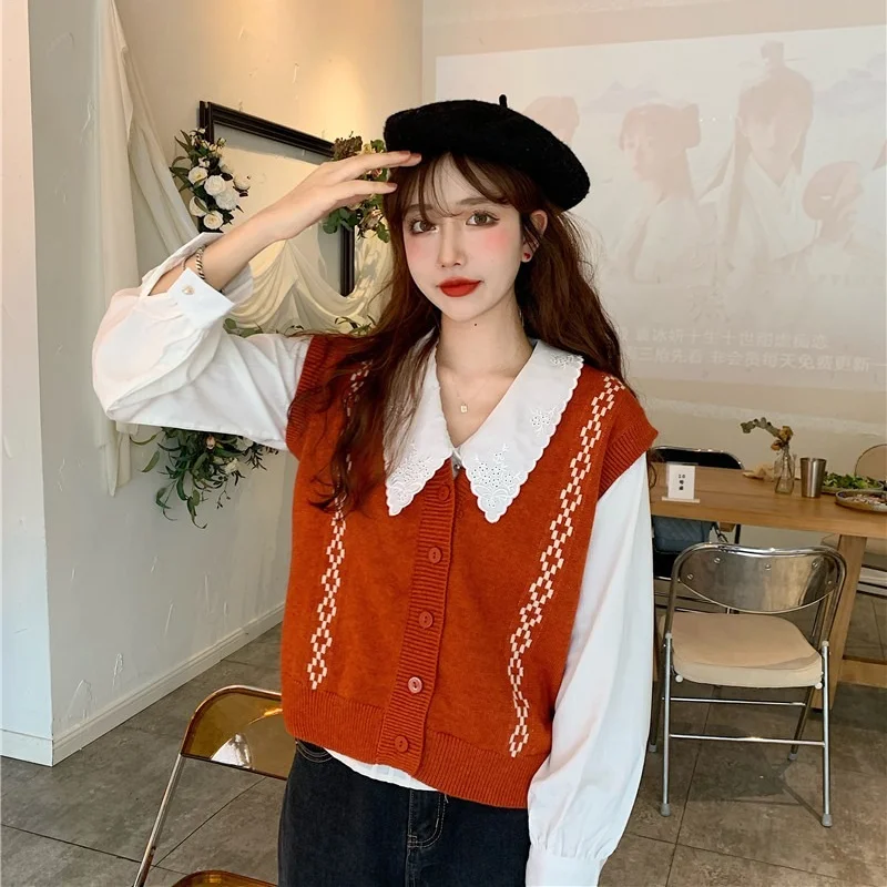 

Kimotimo Print Sweater Vests Fall 2021 Women Clothing V-neck Loose Sleeveless Waistcoat Korean Ins Sweet Cardigan Knitted Vest