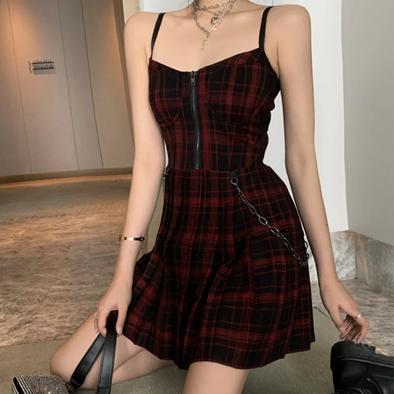 

Gothic Girls Plaid Pleated Punk Dress Preppy Style Red Black Spaghetti Strap Sexy Sleeveless Mini Short Dresses Goth Streetwear