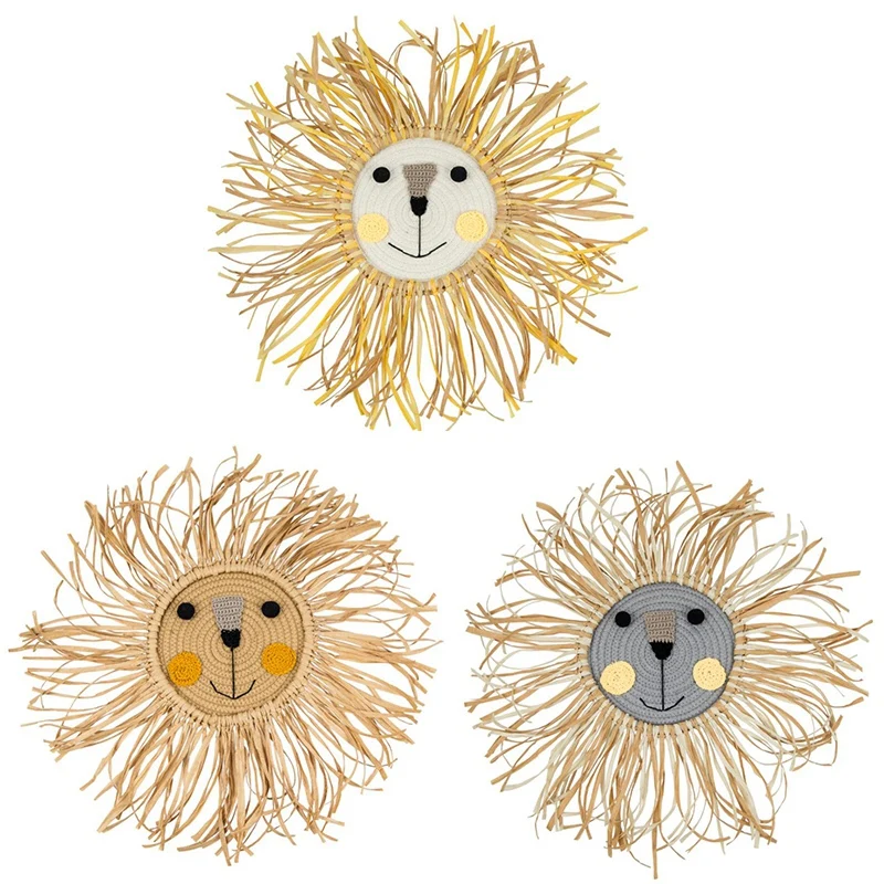 

AT69 -3Pcs Cartoon Lion Hanging Decorations Handmade Cotton Thread Weaving Animal Head Ornament Kids Room Wall Home Accessory