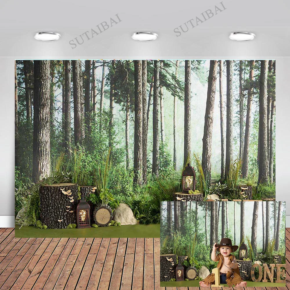 

Photography Background Forest Baby Shower Cake Smash Child 1st Birthday Banner Jungle Party Woodland Backdrop for Photo Studio
