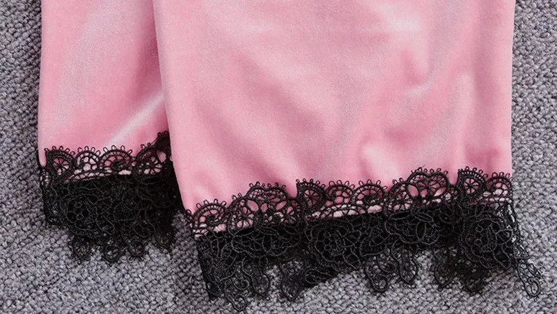 

Pink Velvet Women Pajamas Set 3PCS Nightwear Sexy Intimate Lounge V-neck Autumn Velour Sleepwear Lace Trim Casual Sleep Suit