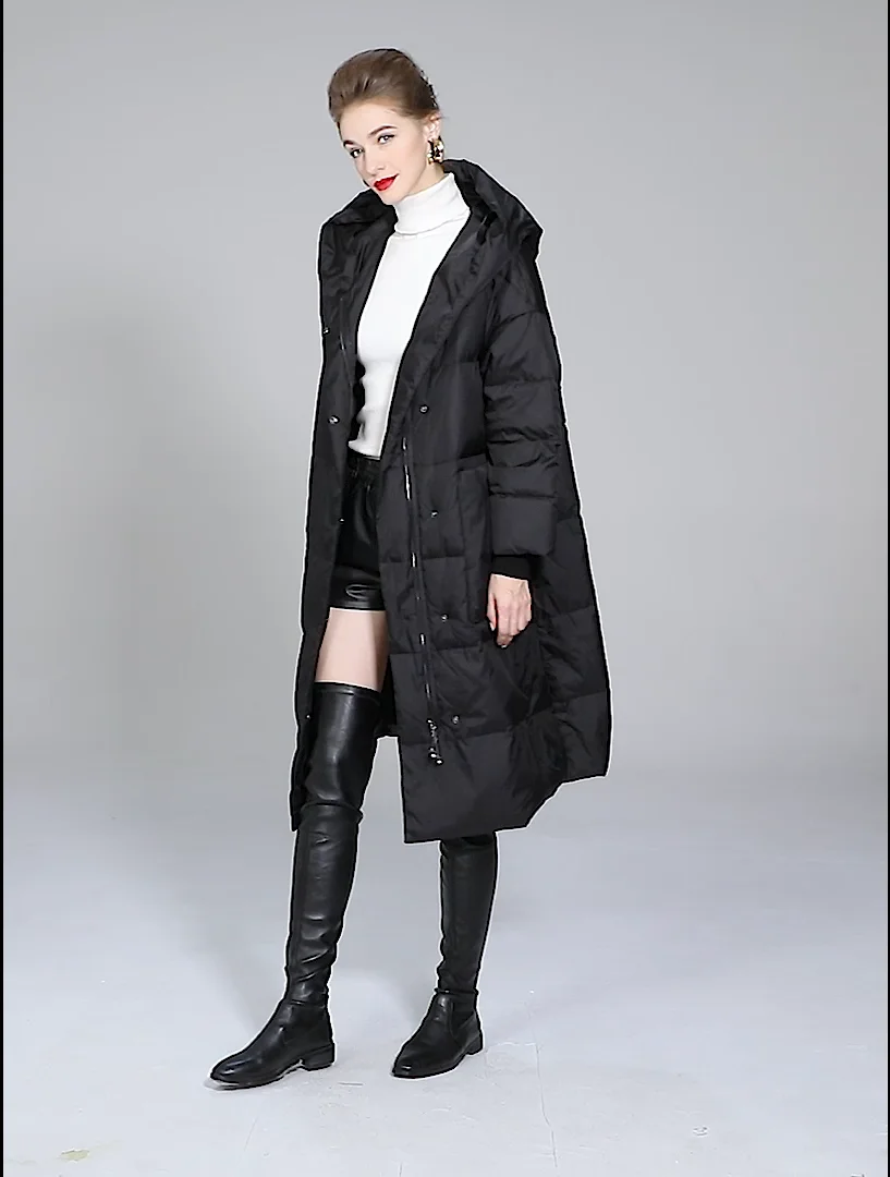 Black Color Hooded Winter Women's Warm Coat Female White Duck Down Clothes Long Ladies Zipper Pocket Outerwear Elegant Overcoat enlarge