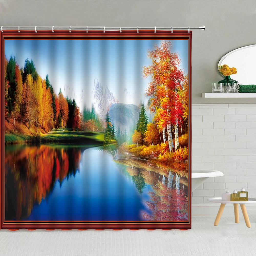 

3D Oil Painting Landscape Shower Curtain Mountain Forest River Fabric Bath Screen With Hooks Cloth Curtains Home Decor Washable