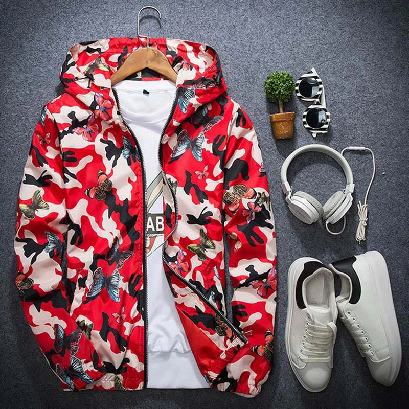 Мужская куртка-бомбер chaqueta hombre с принтом бабочки камуфляжная ветровка куртка плюс размер мужские повседневные куртки с капюшоном пальто S-3XL