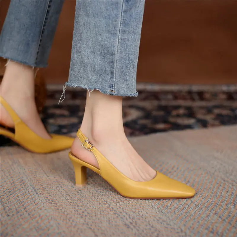 

ZawsThia 2021 New Summer Genuine Split Leather Pointed Toe Thick High Heels Slingback Sexy Party Office Pumps Womens Sandals