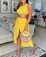 summer holiday wear womens solid sexy tank crop top slit ruched boho style asymmetric maxi skirt sets casual two pieces suits