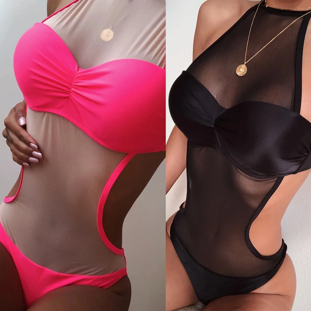 

Sexy Halter Sleeveless Backless Slim Bodysuits Women's Summer Beach Mesh Patchwork See Through Bikini Jumpsuits Female Swimsuits