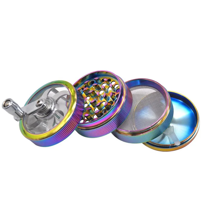 

Hot Sale New 63MM High Quality 4-Layer Zinc Alloy Hand Crank Colorful Herbal Herb Tobacco Grinder Smoke Grinders