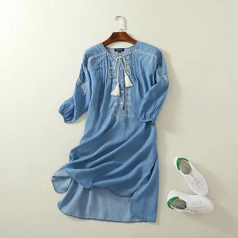 

2021 Casual Shirt Embroidery Denim Dresses Women Wrist Sleeve O-Neck half sleeve Boho Dress Spring Plus Size Vestido Jeans 605