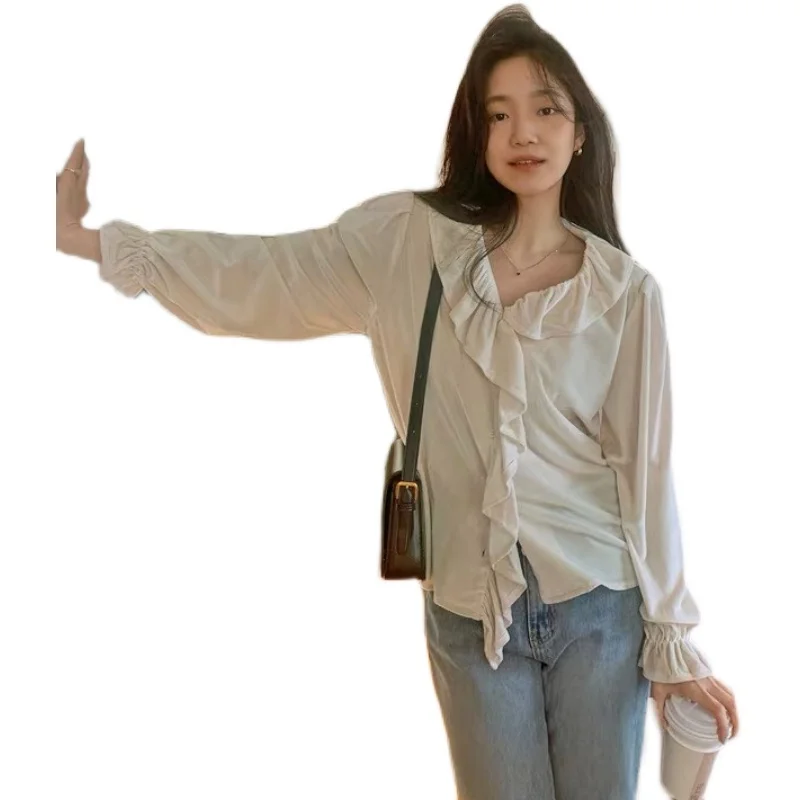 

Korean Chic French Style Vintage Velvet Top, a and Chic Sweet Temperament Lace V-neck Anti-Aging Long Sleeves Shirt for Women