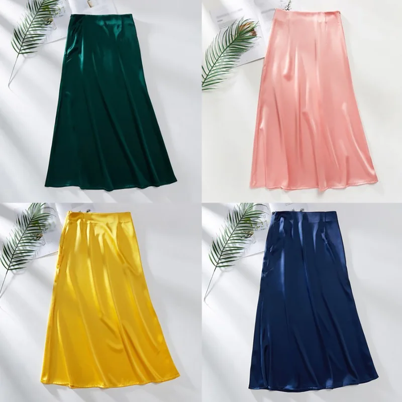 

New Women Skirts Solid Color Elegant Silk Satin Vintage Style Skirt Female Summer Fashion High Waist A-Line Midi Skirts