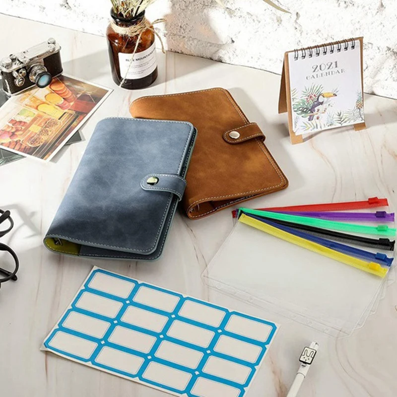 

2 Pcs 6-Ring Notebook Binder PU Leather Loose Leaf Notebook Binder Cover with 12Pcs Plastic A6 Binder Envelopes Pouches
