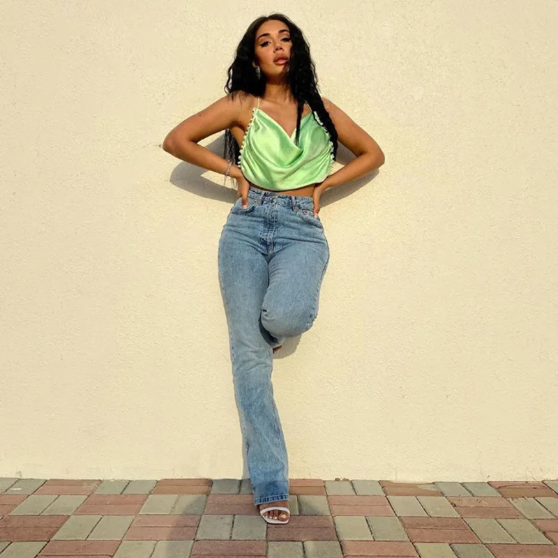 Зеленая Атласная Блузка с открытой спиной Элегантная блузка оборками