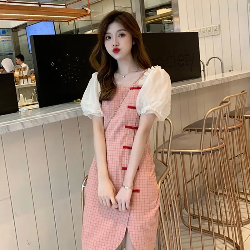 

Spring and Summer Cheongsam Improved Dress Women Summer Thin Chinese Style Vintage Plaid Puff Sleeve Dress