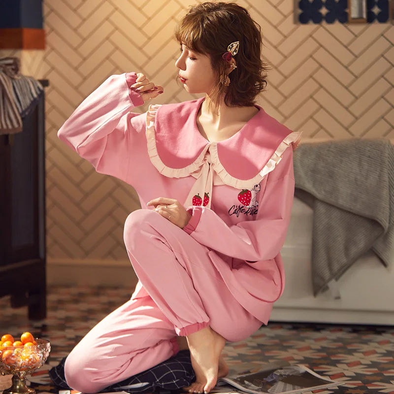 

Women 100%Cotton Pajama Sets Pink Pyjama Sleepwear Long Sleeve Large Size Fashion Pajamas for girl Nightwear Suit Home New Style