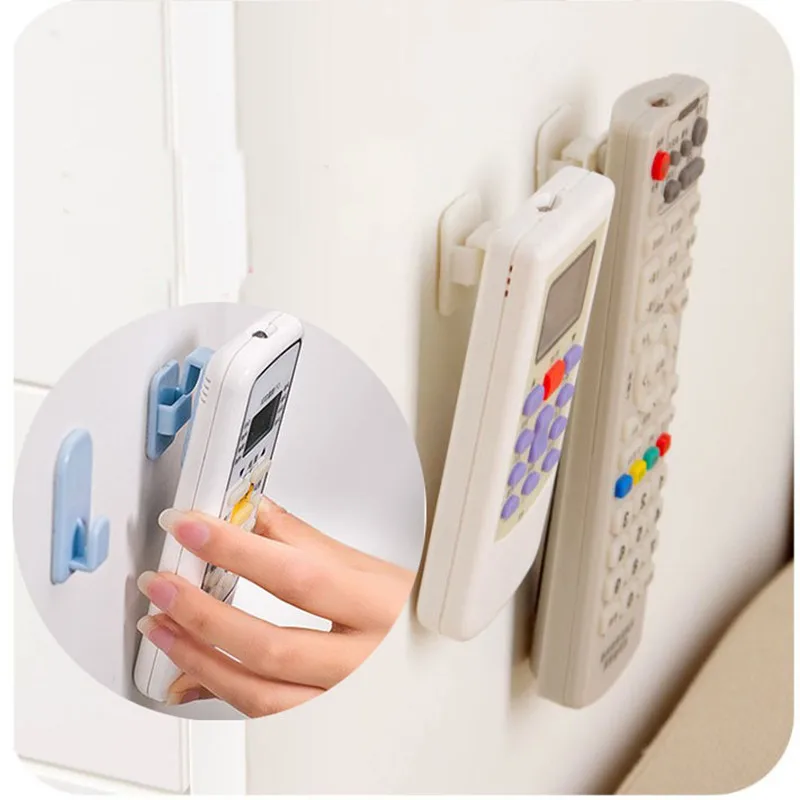 4pcs/2set Sticky Hook TV Remote Control Air Conditioner Holder Self Adhesive Plastic Storage Rack Organizer Storage Stand Holder