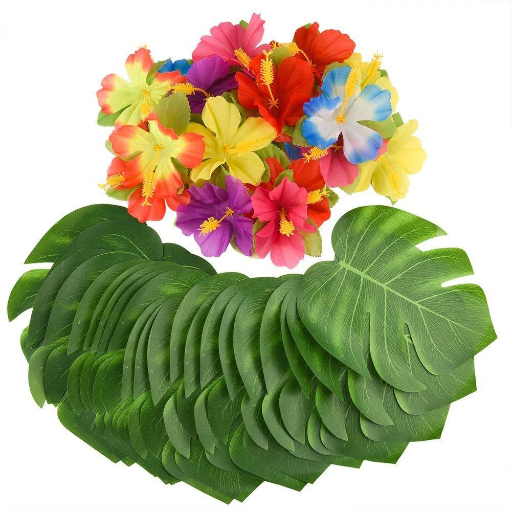 

Artificial Green Leaves Flowers Fake Tropical Palm Leaves Monstera Plant Jungle Beach Theme Party Decor Wedding Decoration 60PCS