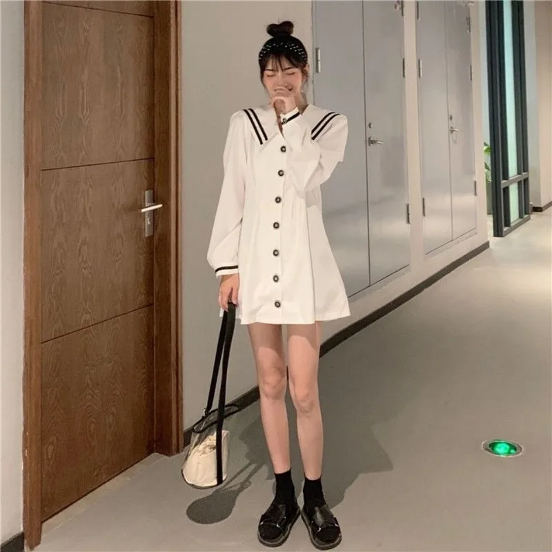 

QWEEK Navy Sailor Collar Dress Women 2021 White Summer Kawaii Mini Staple Long Sleeve Elegant Dresses Sundress Button Uniform