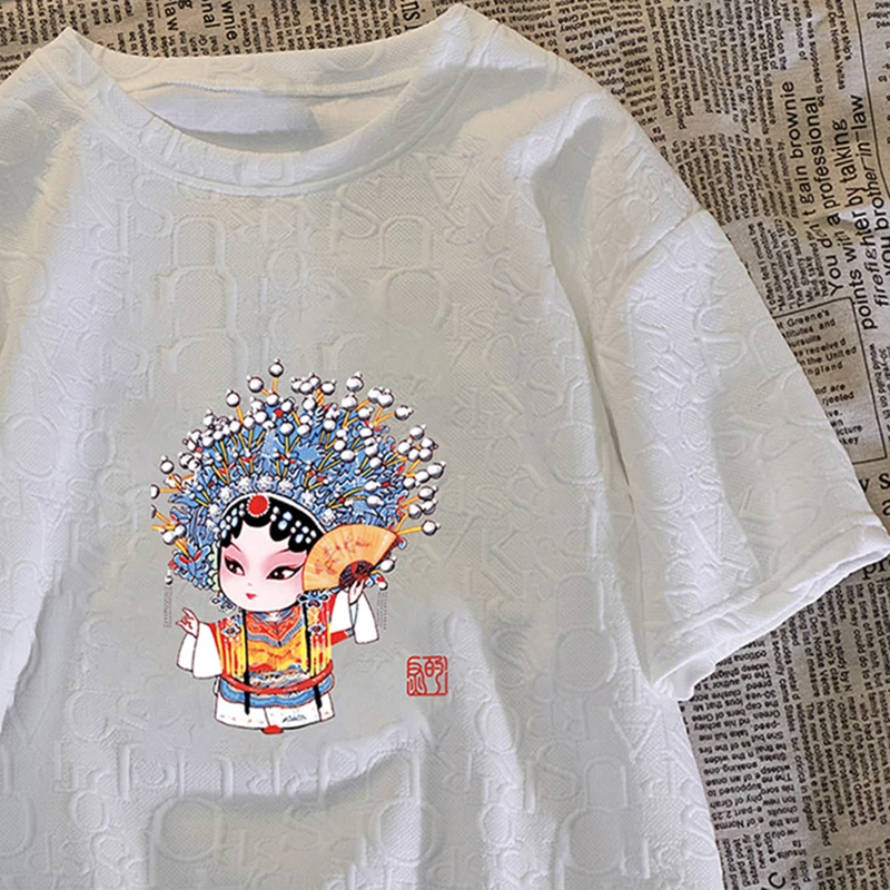 

Women's Summer T-shirts O-neck Oversize tshirt Fashion Chinese Style Peking Opera Print Tops Casual Loose Short Sleeve Tees