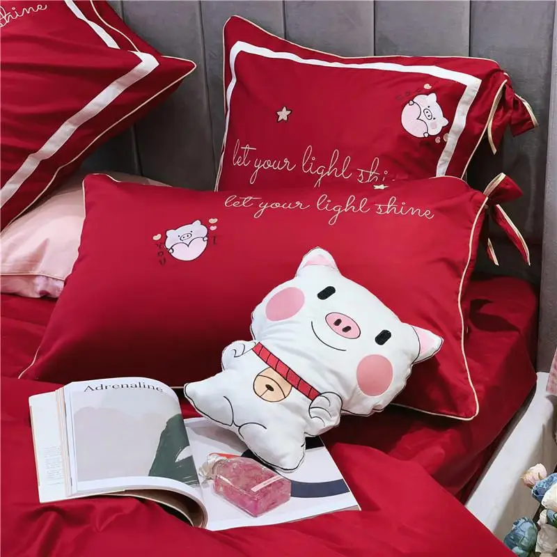 

42 Embroidery Bedding Sets 100% Egyptian Cotton Bedclothes Duvet/Quilt Cover cute pig Bed Linen Sheet girls Set Queen King