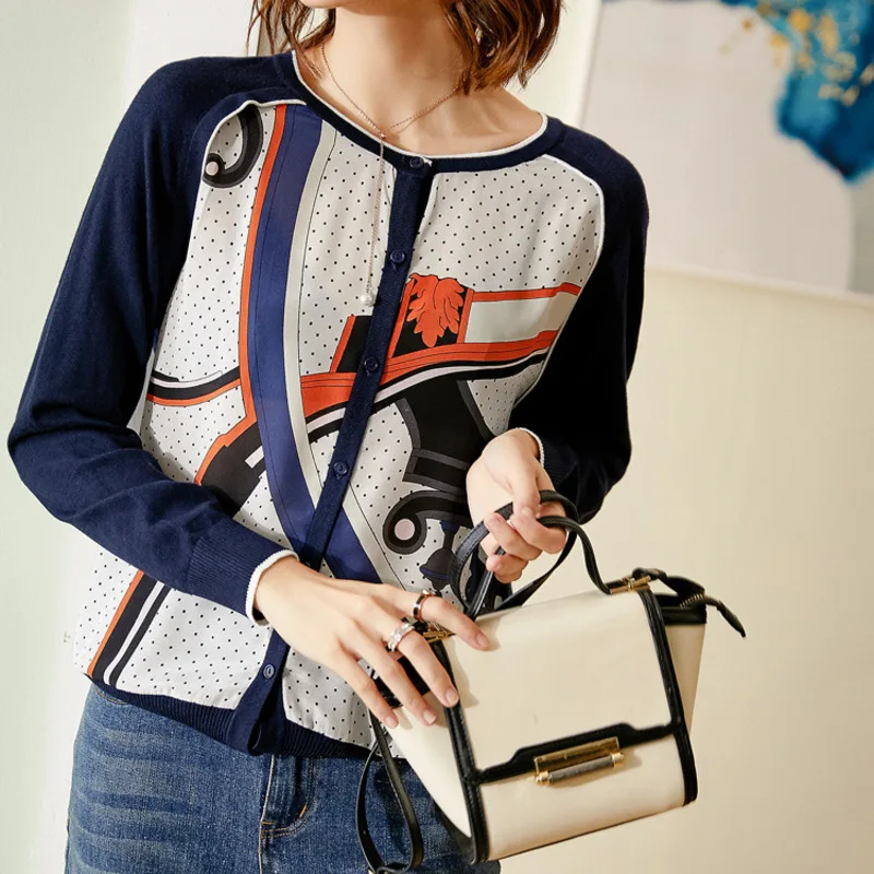 

New silk Wheel printed silk top splicing knitwear loose round neck long sleeve cardigan women s coat can customized big size