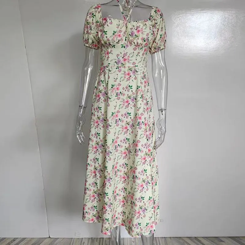 

Summer Dress woman Fashion Puff Sleeve Floral High Split Long Maxi Dresses Lace Up Drawstring casual women's dresses Vestidos