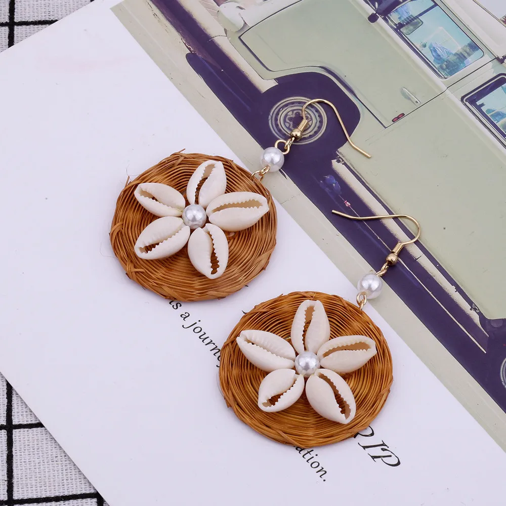 Плетеные серьги из бамбука ручная работа круглая раковина ротанга массивные