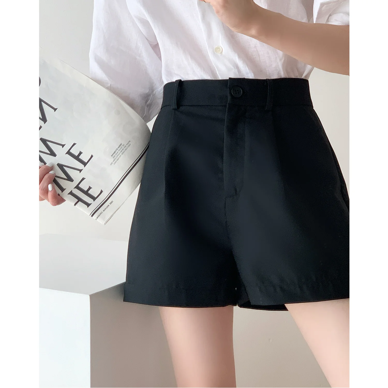 High Waist Straight Shorts Women Wear 2021 Summer New Korean Small Man Black Casual Thin Wide Leg | Женская одежда