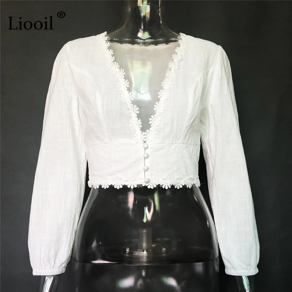 

White Short Shirts Women 2021 Lantern Sleeve Button Up Deep V Ladies Casual Spring Summer Elegant Sexy Skinny Tops And Blouses