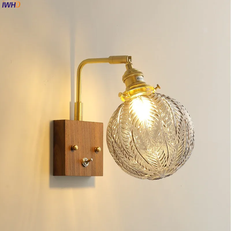 IWHD Gray Glass Ball LED Wall Light Fixtures Toggle Switch Bedroom Batrhoom Mirror Beside Lamp Wood Canopy Modern Wall Sconce