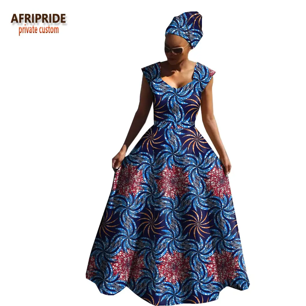 Afripride, Африканское весеннее Хлопковое платье для женщин, без рукавов, v-образный вырез, длина до пола, женское платье с повязкой на голову A1825039 - Цвет: 571J