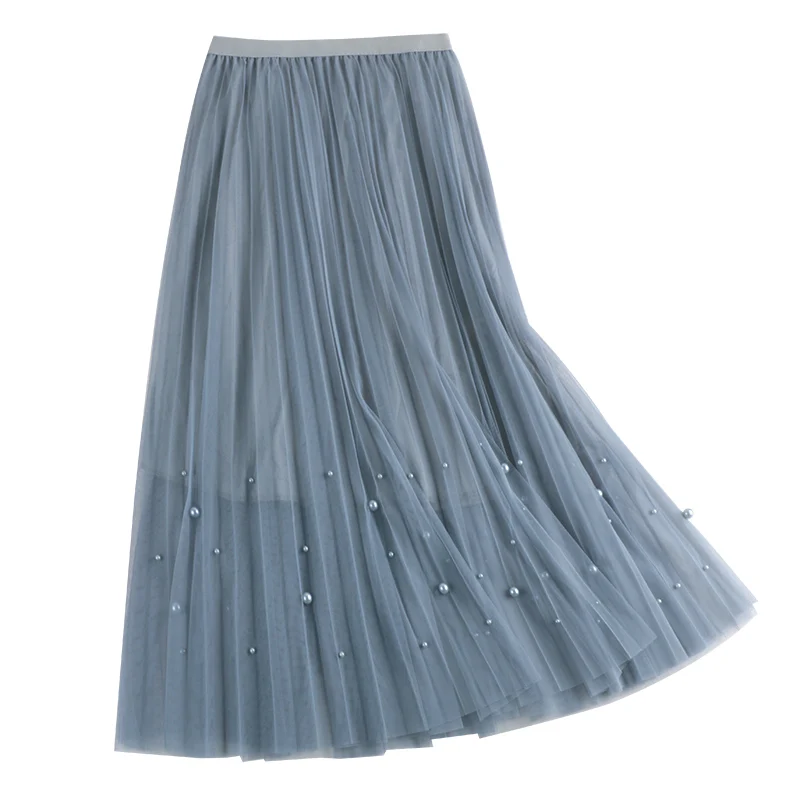 

Smlinan Summer Solid Beading Pleated Skirt Woman Elastic High Waisted Pink Long Skirts Korean Style Mesh Tulle Skirts For Women