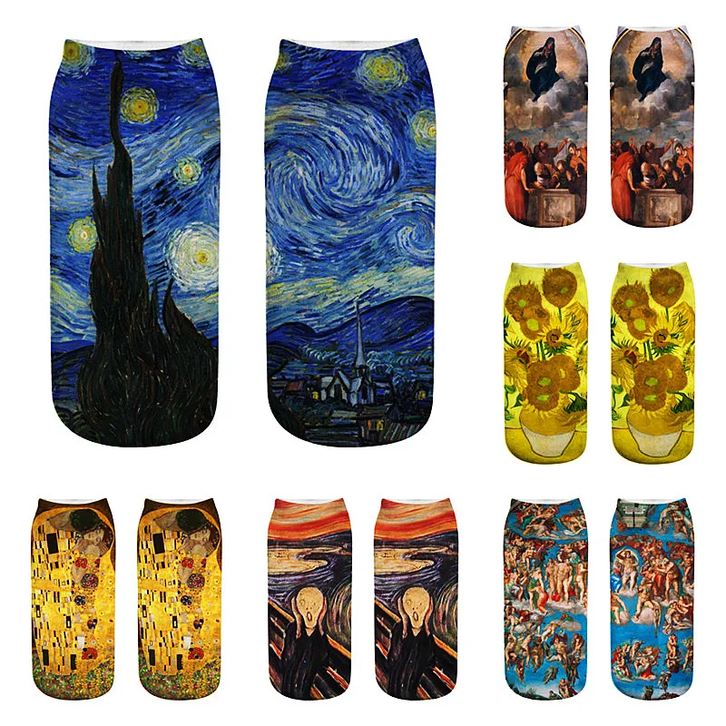 Носки женские с 3D-принтом дышащие низкие до щиколотки рисунком подсолнуха звезд