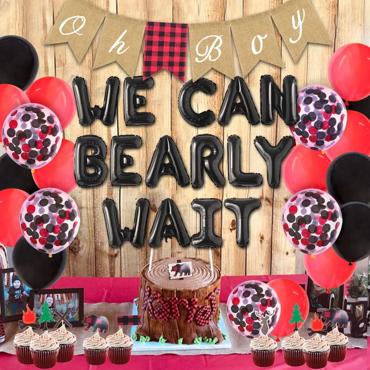 

Lumberjack Baby Shower Decorations - We Can Bearly Wait Balloons Oh Boy Banner Burlap Buffalo Plaid Cupcake Toppers