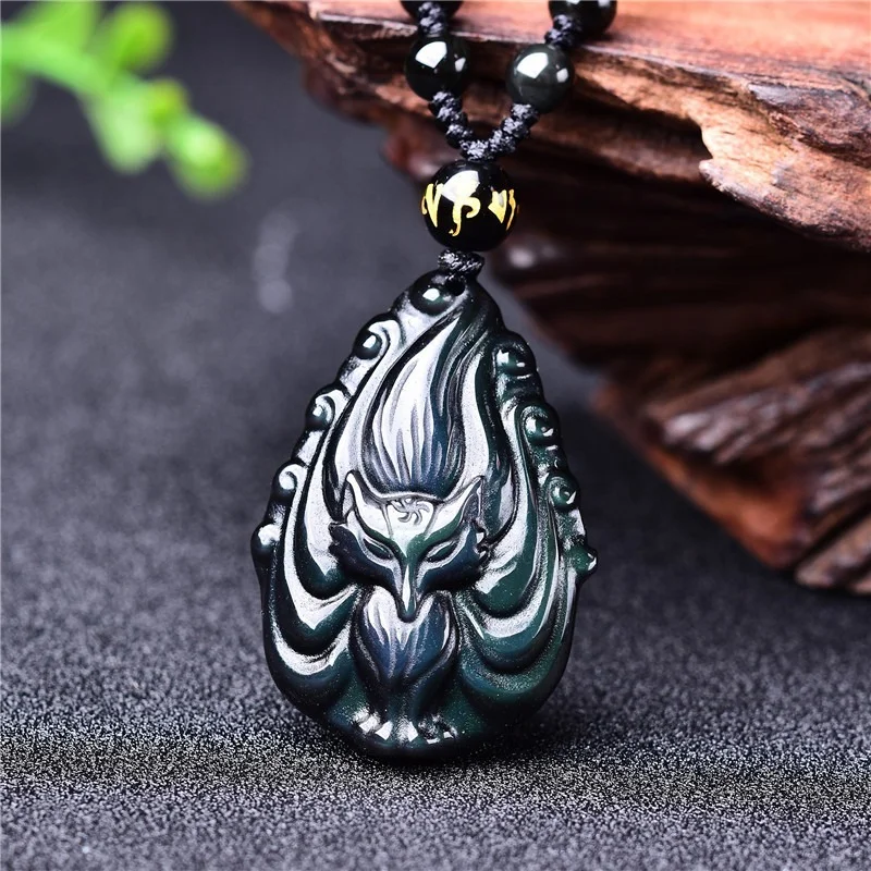 

Color Obsidian Nine-Tailed Fox Pendant Necklace Natural Fashion Charm Jewelry Chinese Hand-Carved Lucky Amulet Men Women Gifts